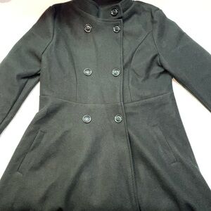 Women's Black Double-Breasted Peacoat Stand Collar Fit & Flare Swing Coat NWT